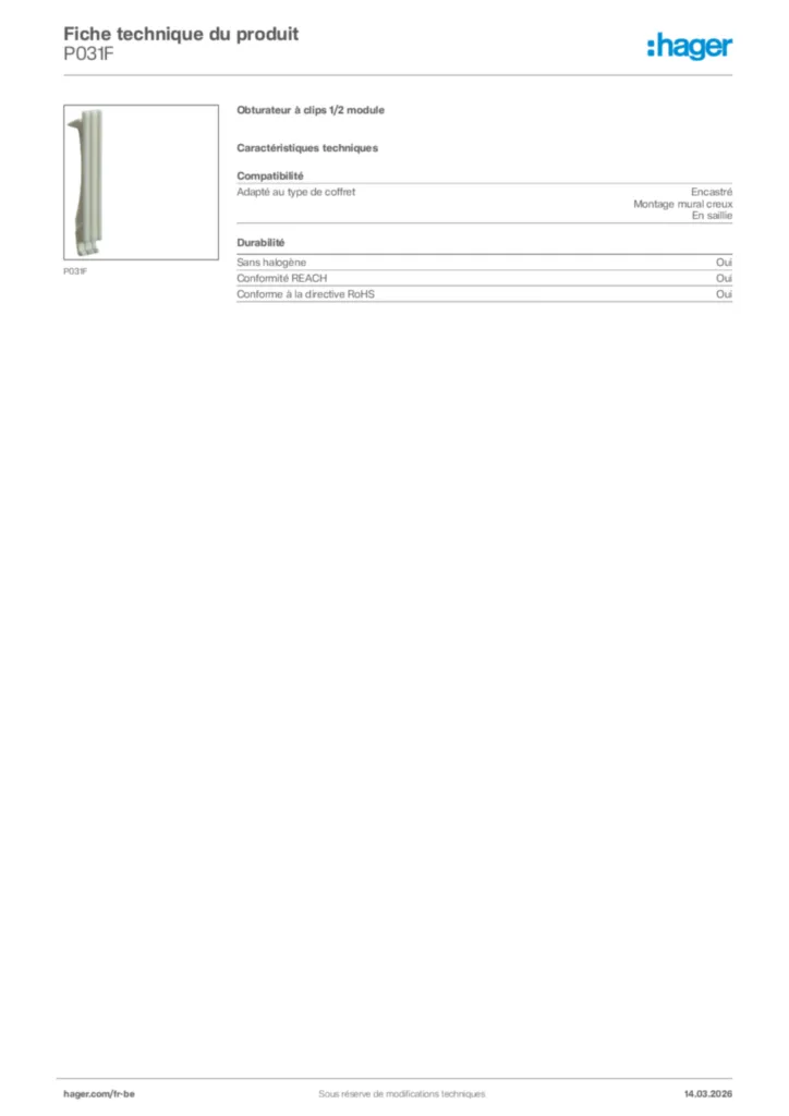 Image Hager Fiche technique du produit P031F | Hager Belgique