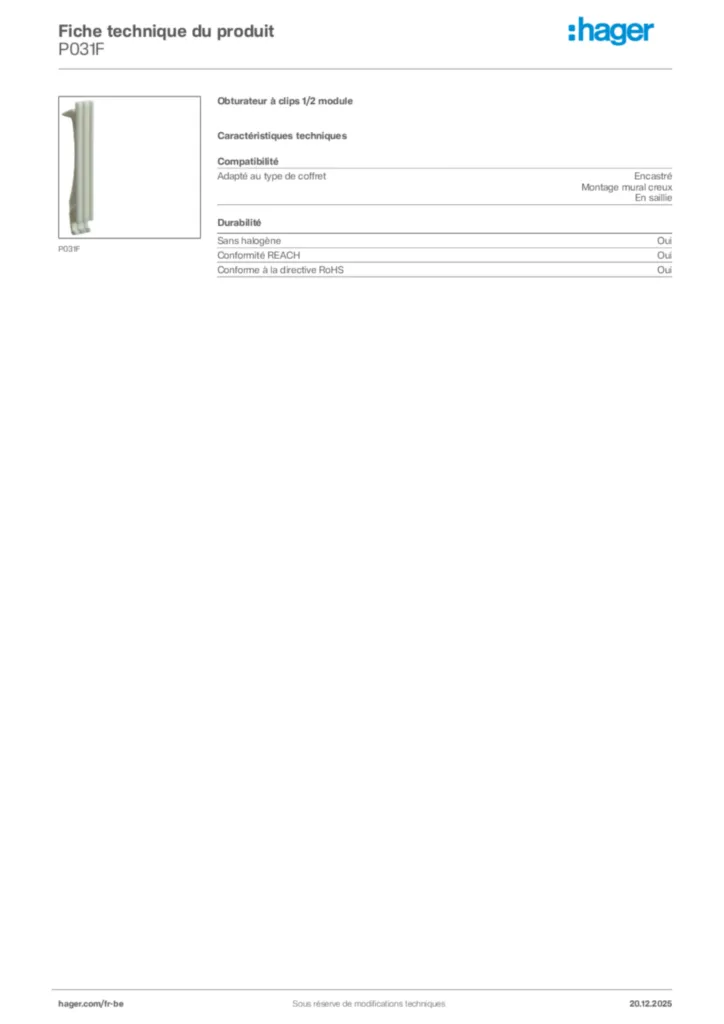 Image Hager Fiche technique du produit P031F | Hager Belgique