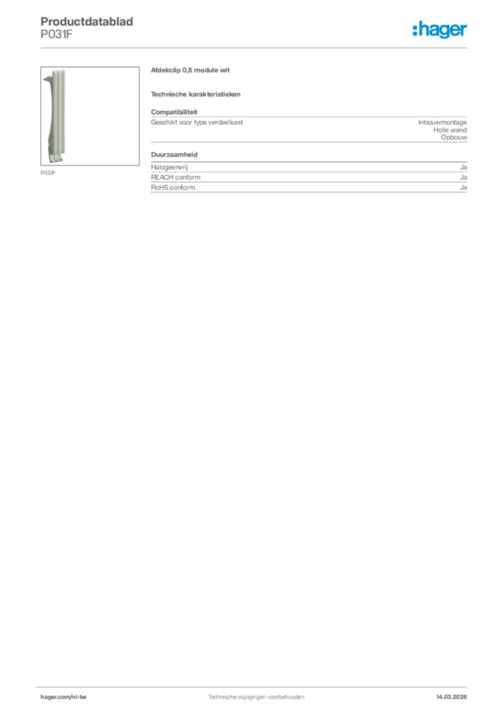 Afbeelding Hager Productdatablad P031F | Hager Belgium