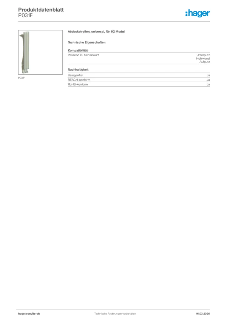 Bild Hager Produktdatenblatt P031F | Hager Schweiz