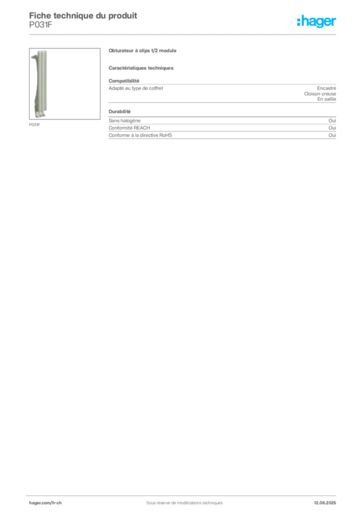 Image Hager Fiche technique du produit P031F | Hager Suisse