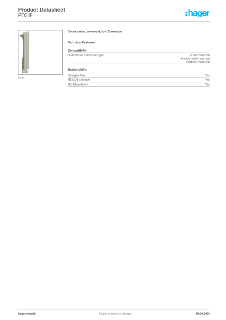 Image Hager Product data sheet P031F  | Hager