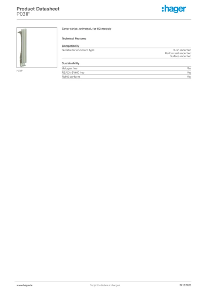 Image Hager Product data sheet P031F  | Hager