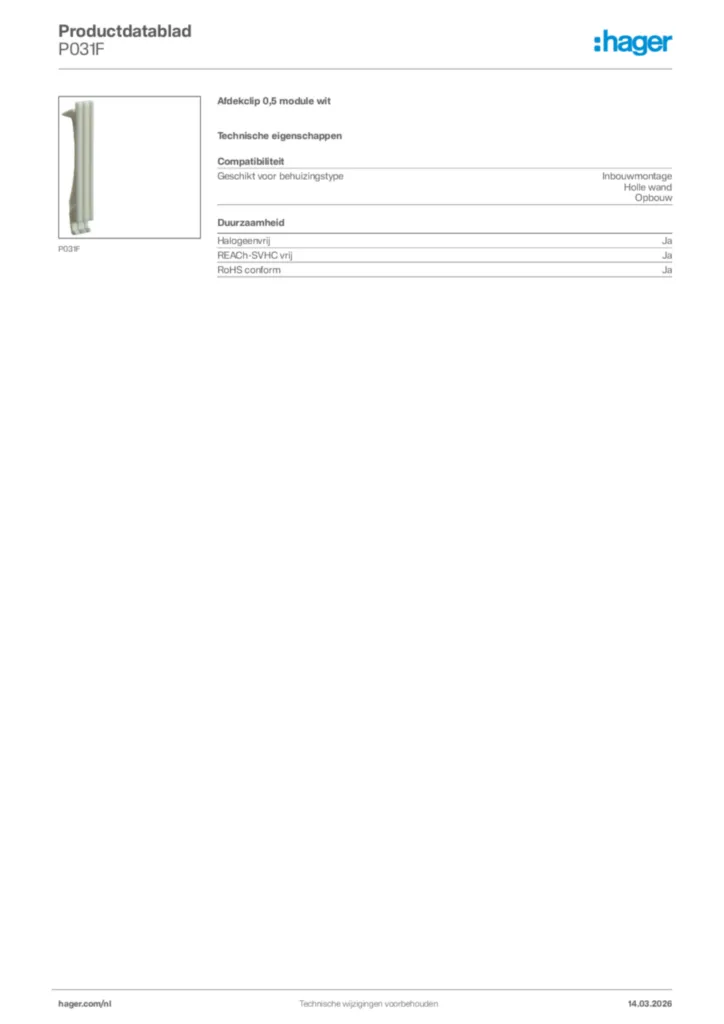 Afbeelding Hager Productdatablad P031F | Hager Nederland