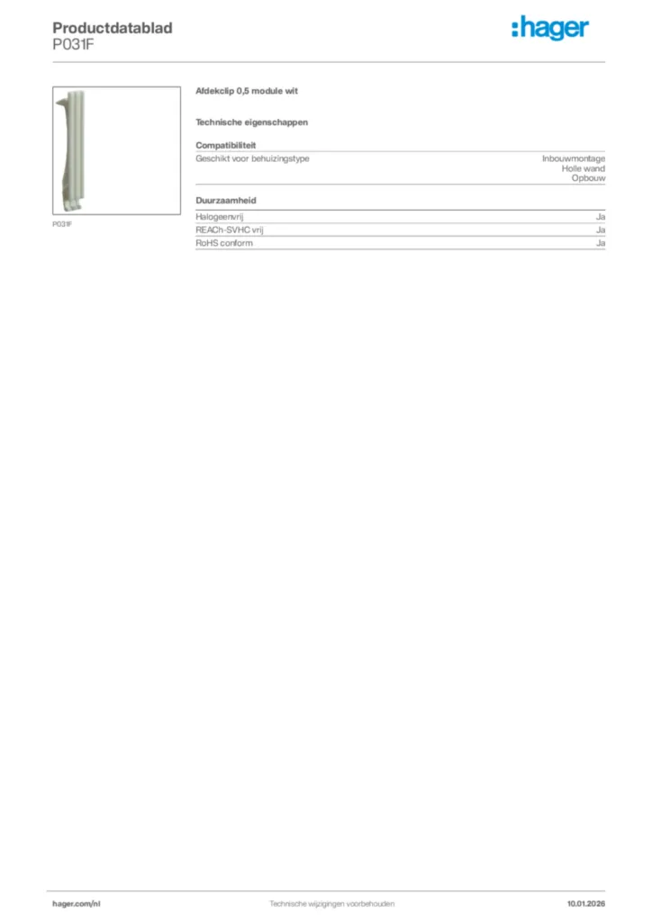 Afbeelding Hager Productdatablad P031F | Hager Nederland