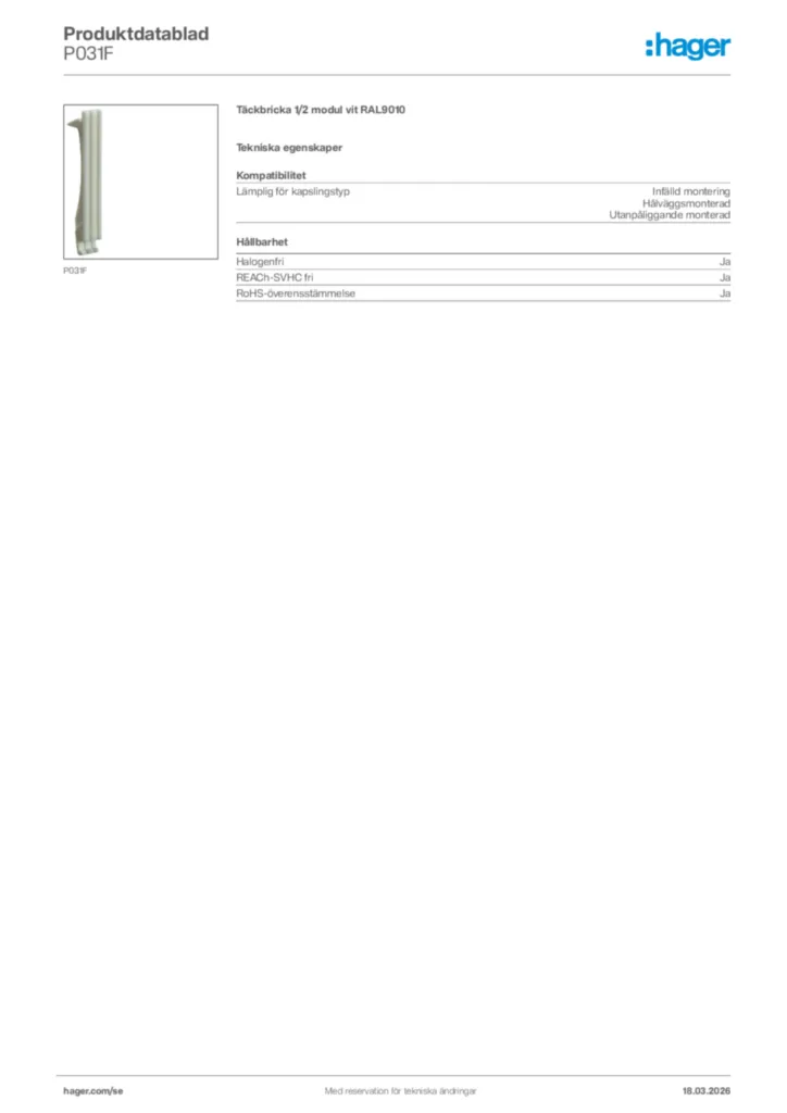 Bild Hager Produktdatablad P031F | Hager Sverige