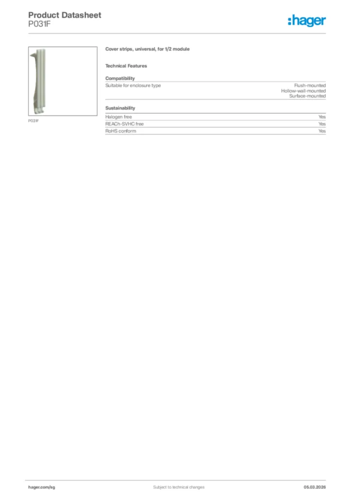 Image Hager Product data sheet P031F  | Hager