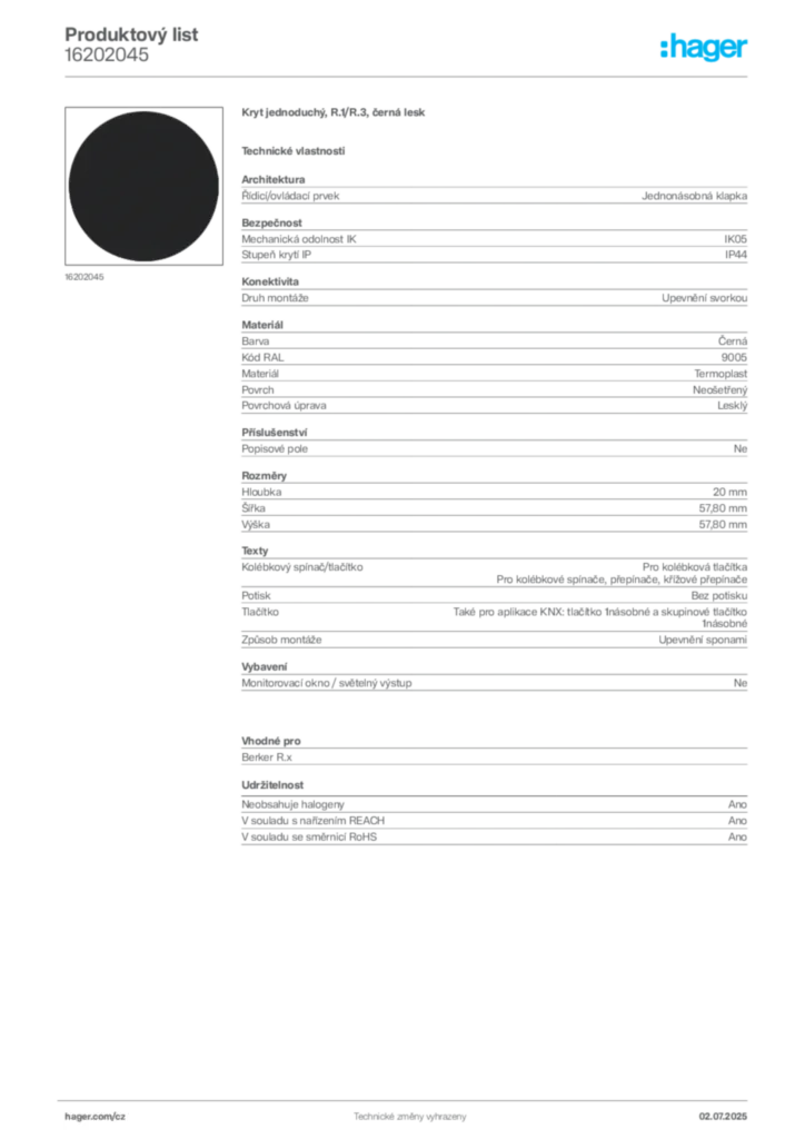 Obrázek Hager Produktový list 16202045 | Hager