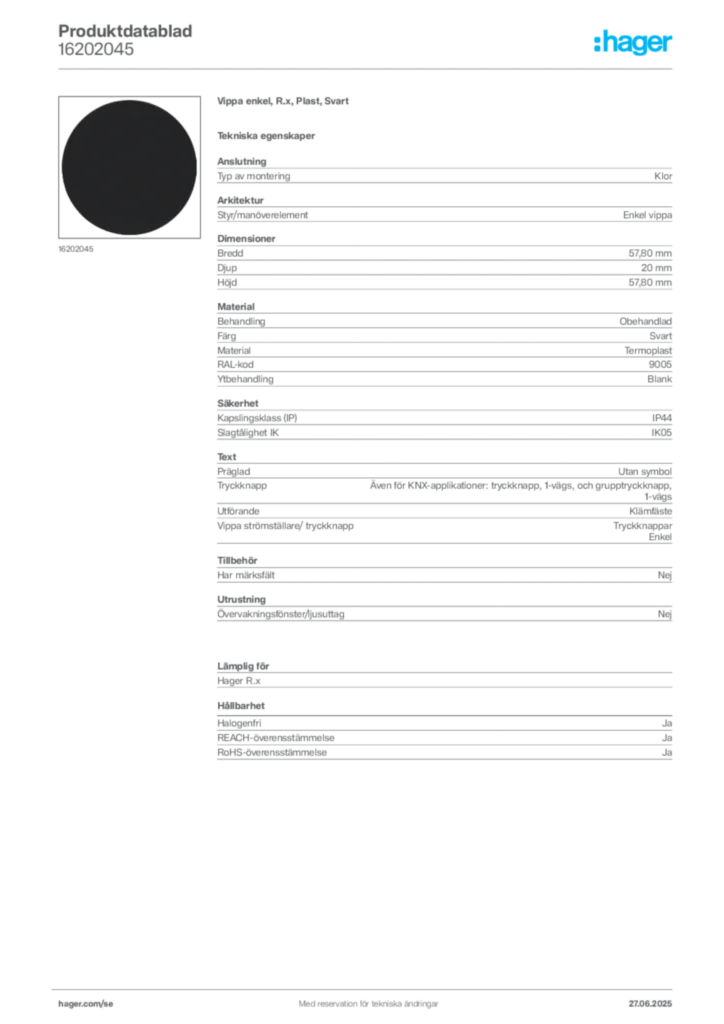 Bild Hager Produktdatablad 16202045 | Hager Sverige