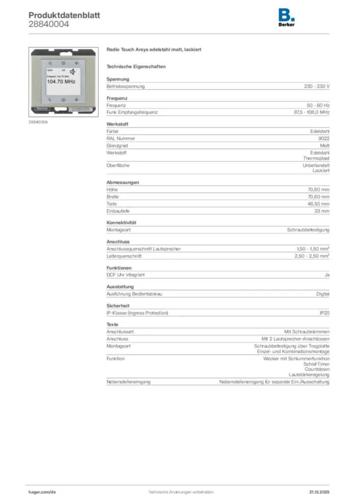 Bild Berker Produktdatenblatt 28840004 | Hager Deutschland
