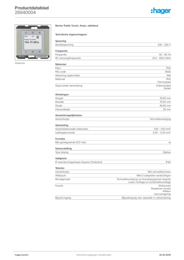 Afbeelding Hager Productdatablad 28840004 | Hager Nederland