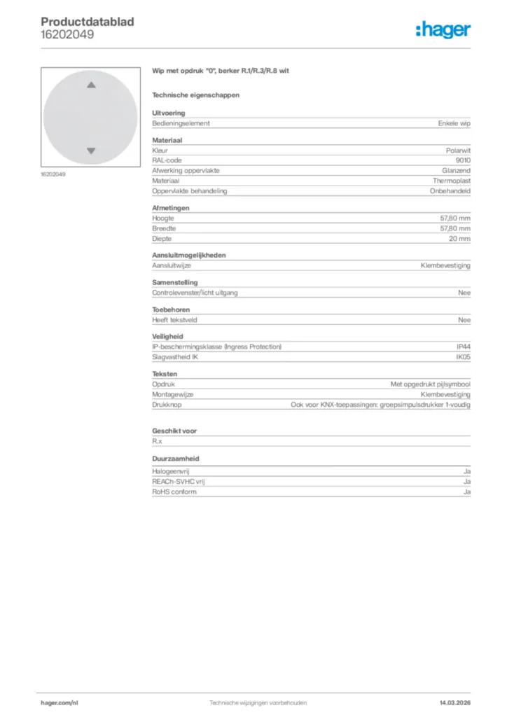 Afbeelding Hager Productdatablad 16202049 | Hager Nederland