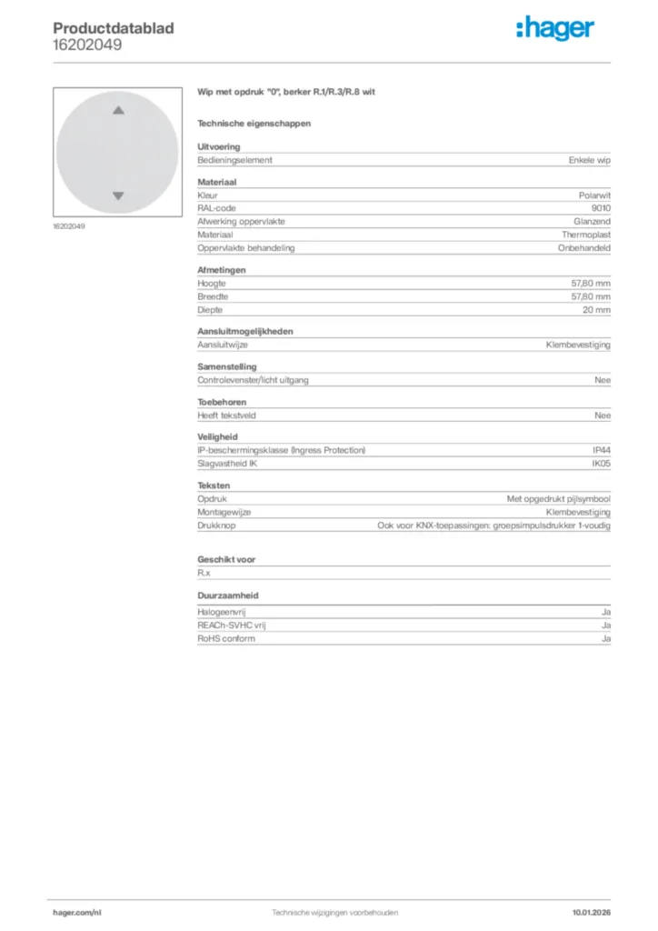Afbeelding Hager Productdatablad 16202049 | Hager Nederland
