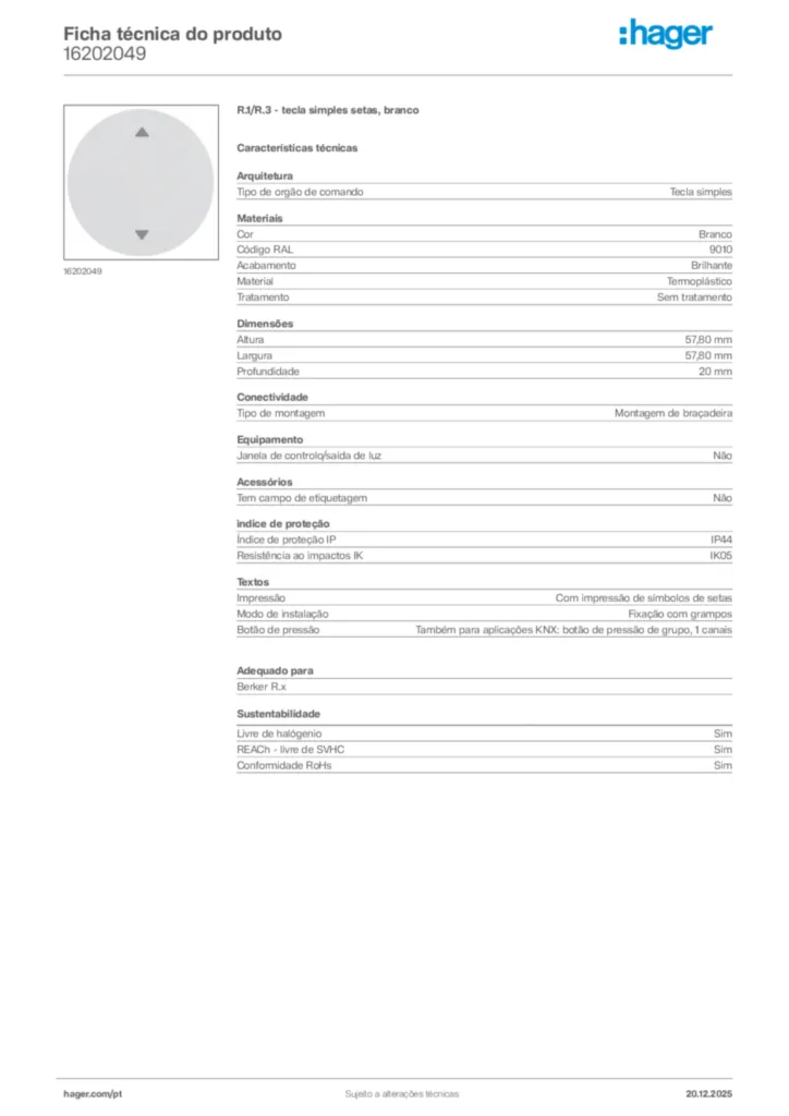 Imagem Hager Ficha técnica do produto 16202049 | Hager Portugal