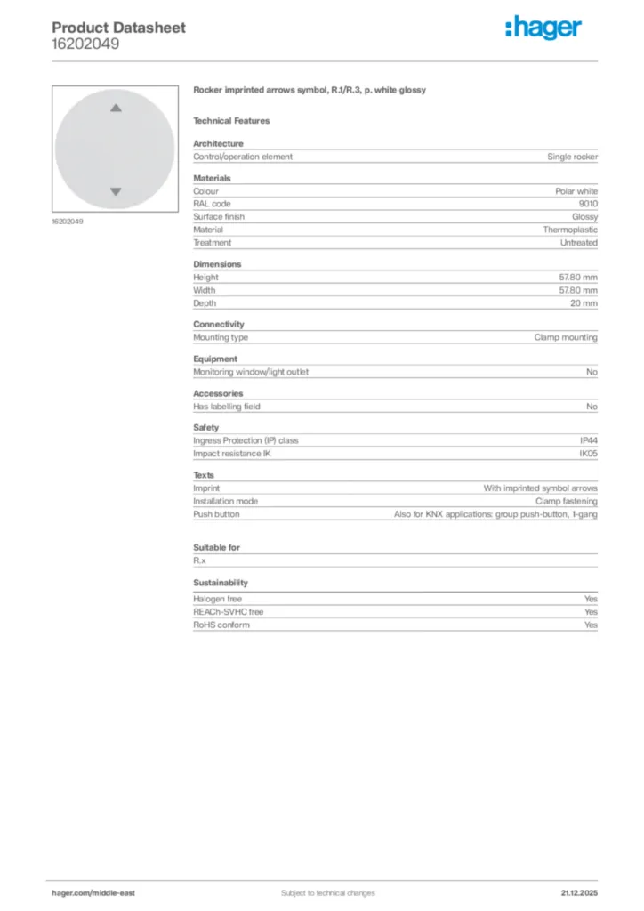 Image Hager Product data sheet 16202049  | Hager