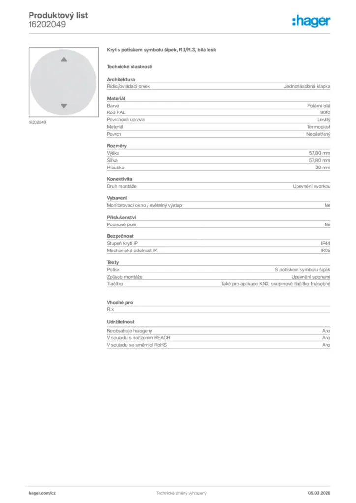 Obrázek Hager Product data sheet 16202049 | Hager