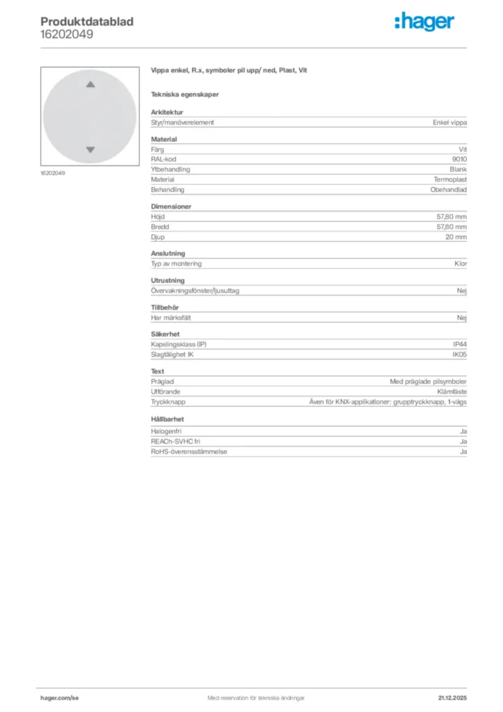 Bild Hager Produktdatablad 16202049 | Hager Sverige