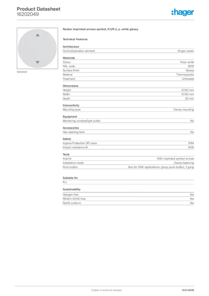 Image Hager Product data sheet 16202049  | Hager
