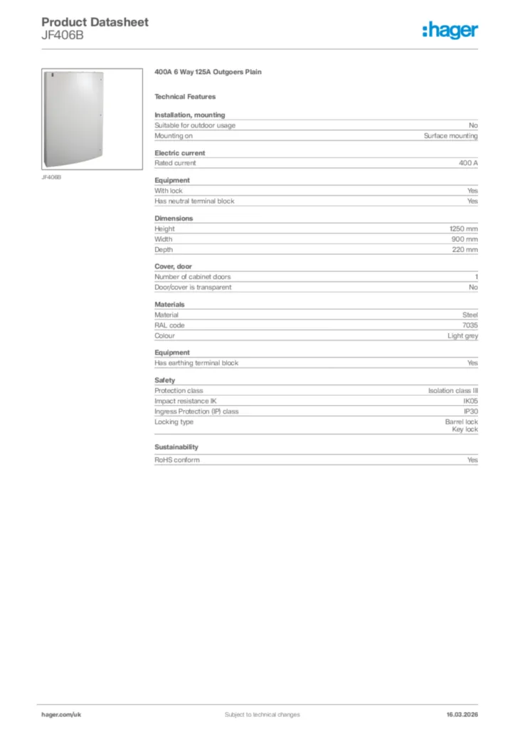Image Hager Product data sheet JF406B  | Hager