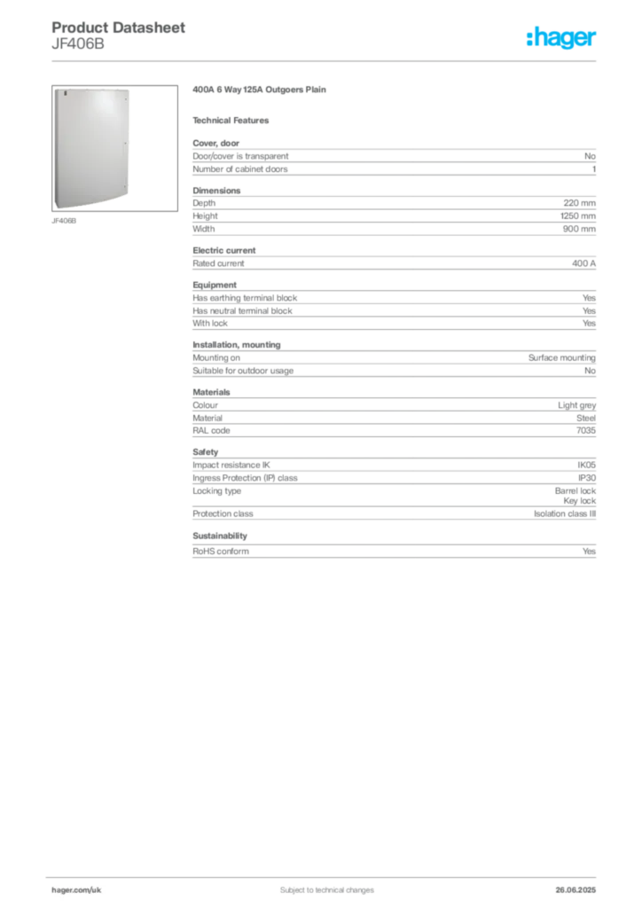 Image Hager Product data sheet JF406B  | Hager