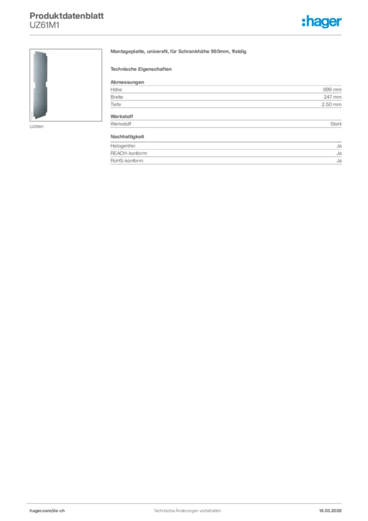 Bild Hager Produktdatenblatt UZ61M1 | Hager Schweiz