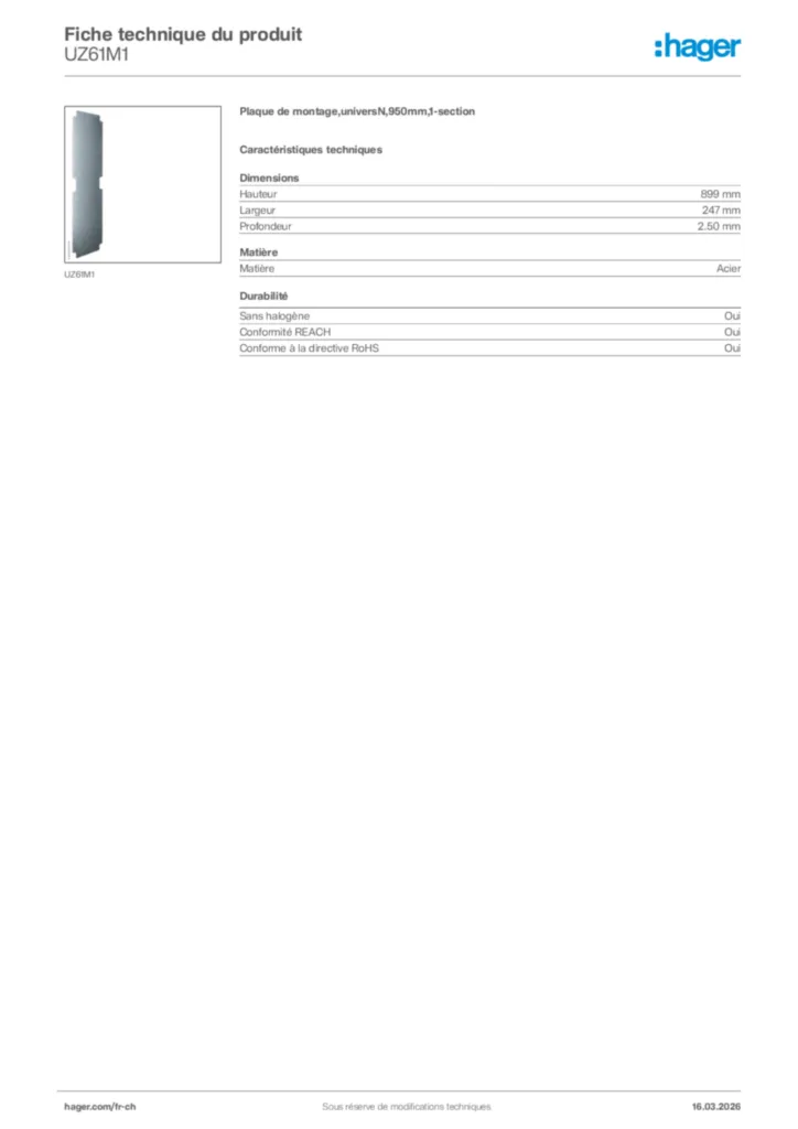 Image Hager Fiche technique du produit UZ61M1 | Hager Suisse