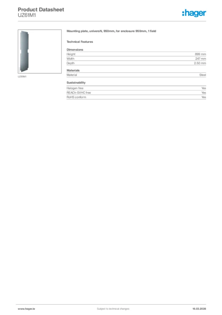 Image Hager Product data sheet UZ61M1  | Hager