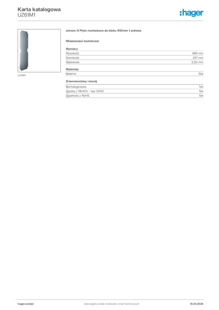 Zdjęcie Hager Karta katalogowa UZ61M1 | Hager Polska