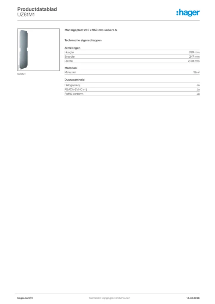 Afbeelding Hager Productdatablad UZ61M1 | Hager Nederland