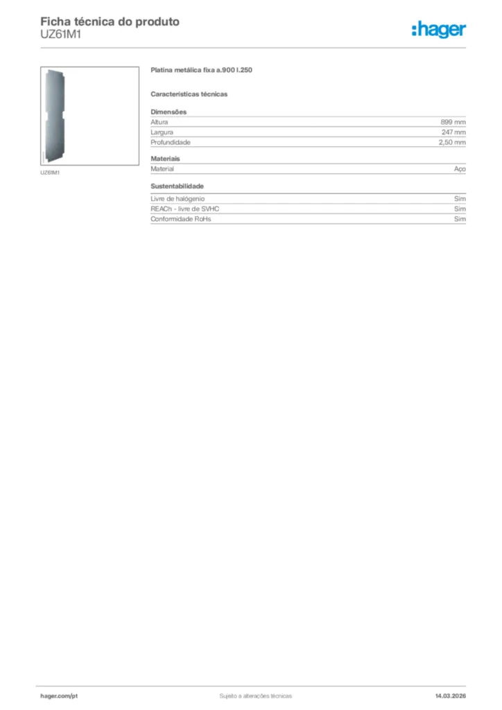 Imagem Hager Ficha técnica do produto UZ61M1 | Hager Portugal