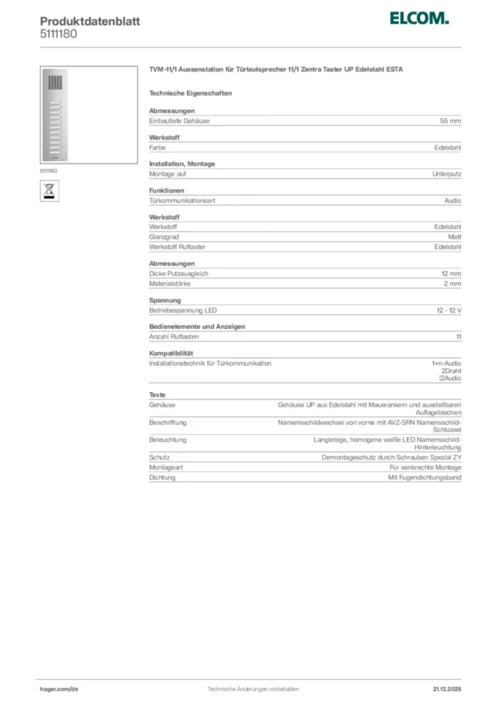 Bild Elcom Produktdatenblatt 5111180 | Hager Deutschland