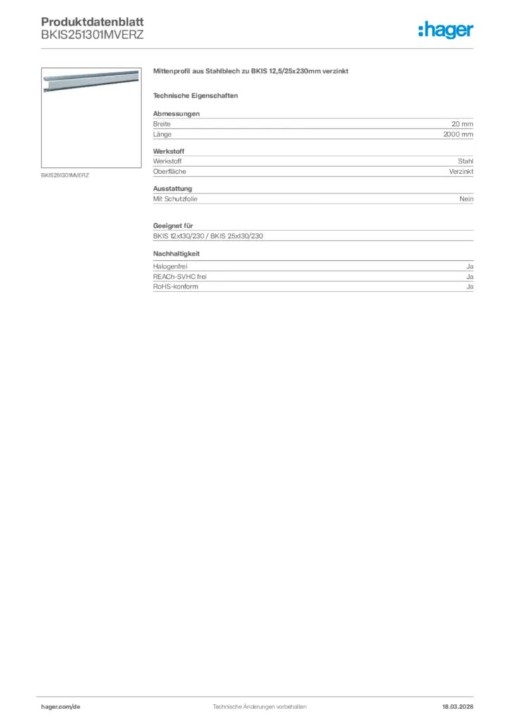 Bild Hager Produktdatenblatt BKIS251301MVERZ | Hager Deutschland
