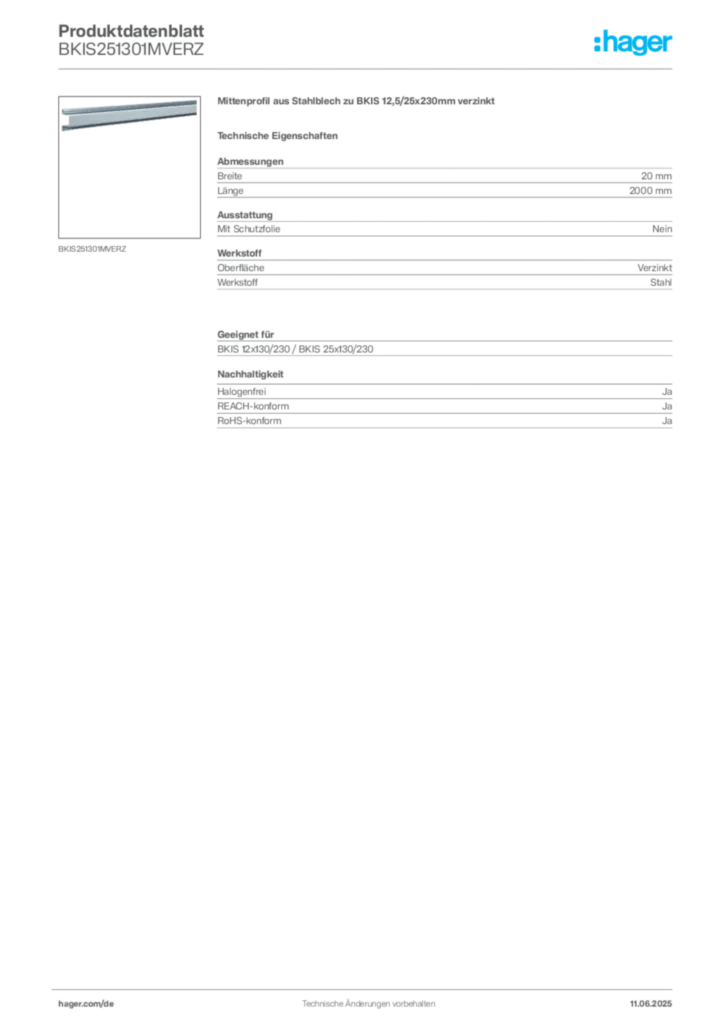 Bild Hager Produktdatenblatt BKIS251301MVERZ | Hager Deutschland