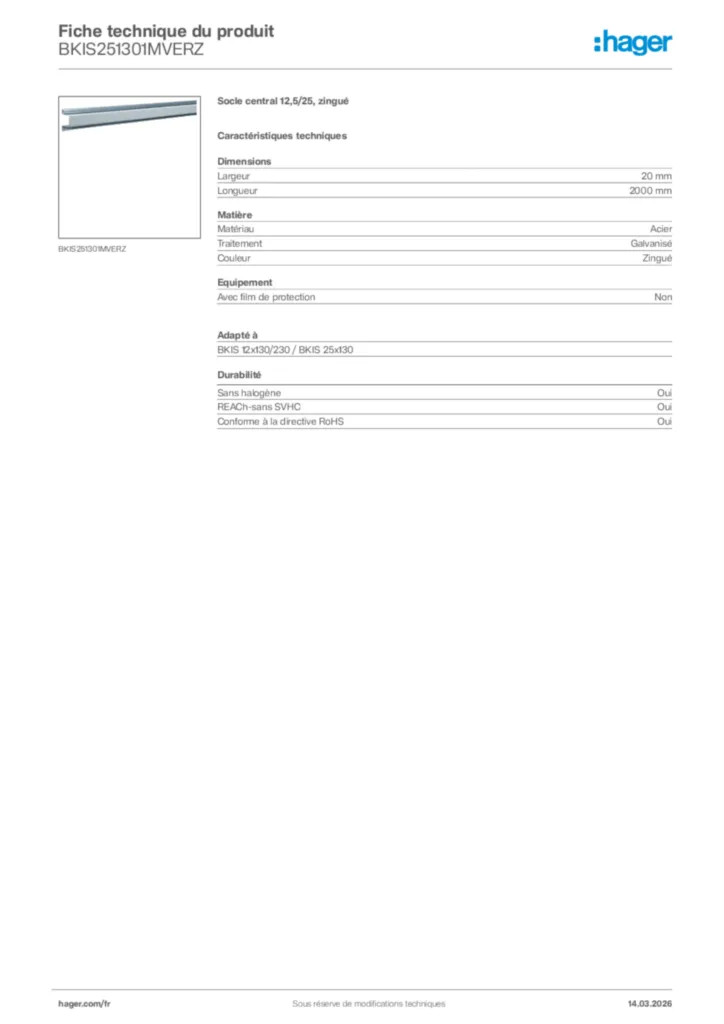 Image Hager Fiche technique du produit BKIS251301MVERZ | Hager France