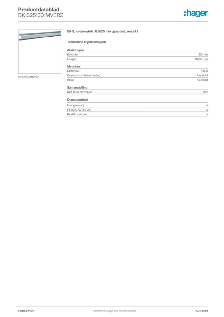 Afbeelding Hager Productdatablad BKIS251301MVERZ | Hager Nederland
