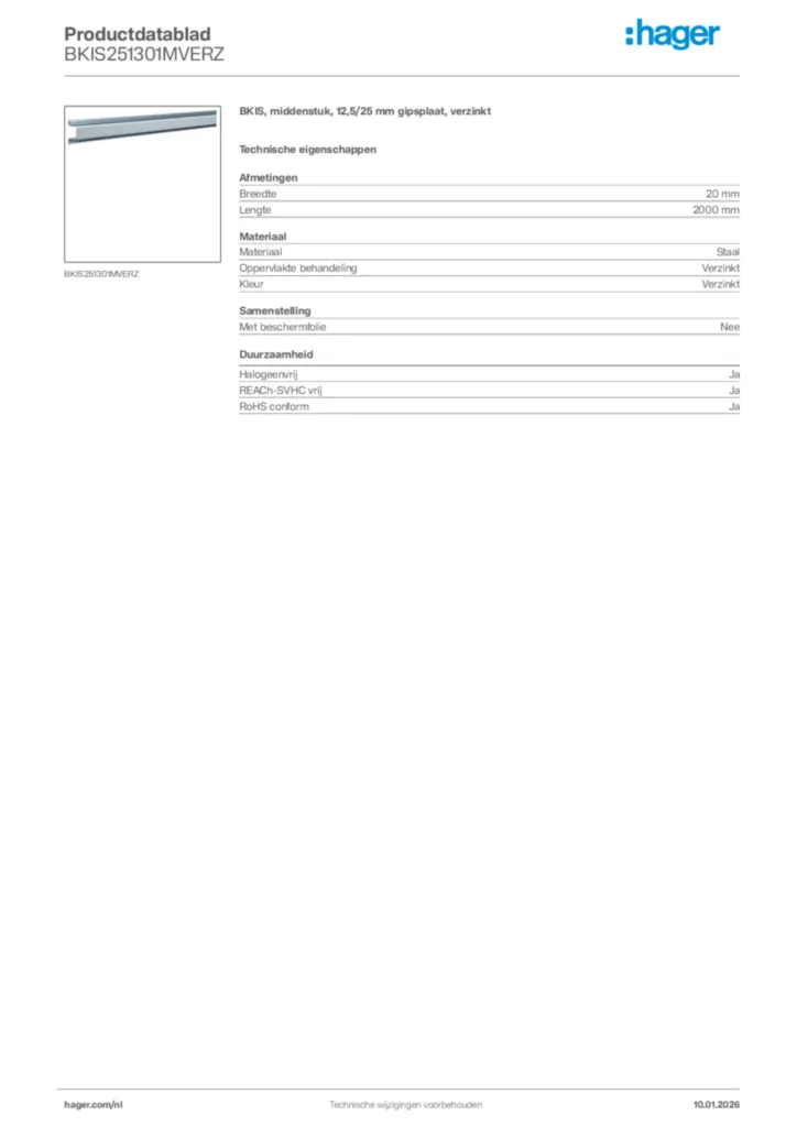Afbeelding Hager Productdatablad BKIS251301MVERZ | Hager Nederland