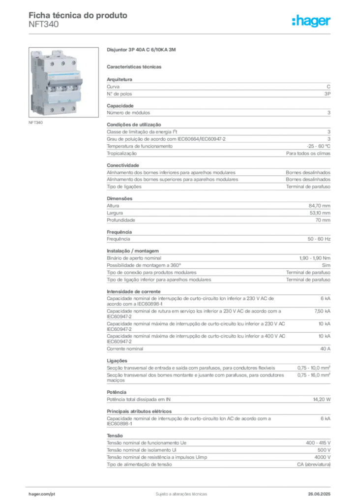 Imagem Hager Ficha técnica do produto NFT340 | Hager Portugal