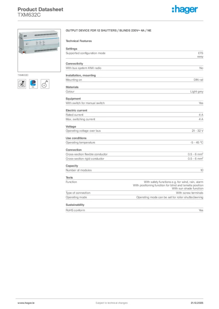 Image Hager Product data sheet TXM632C  | Hager