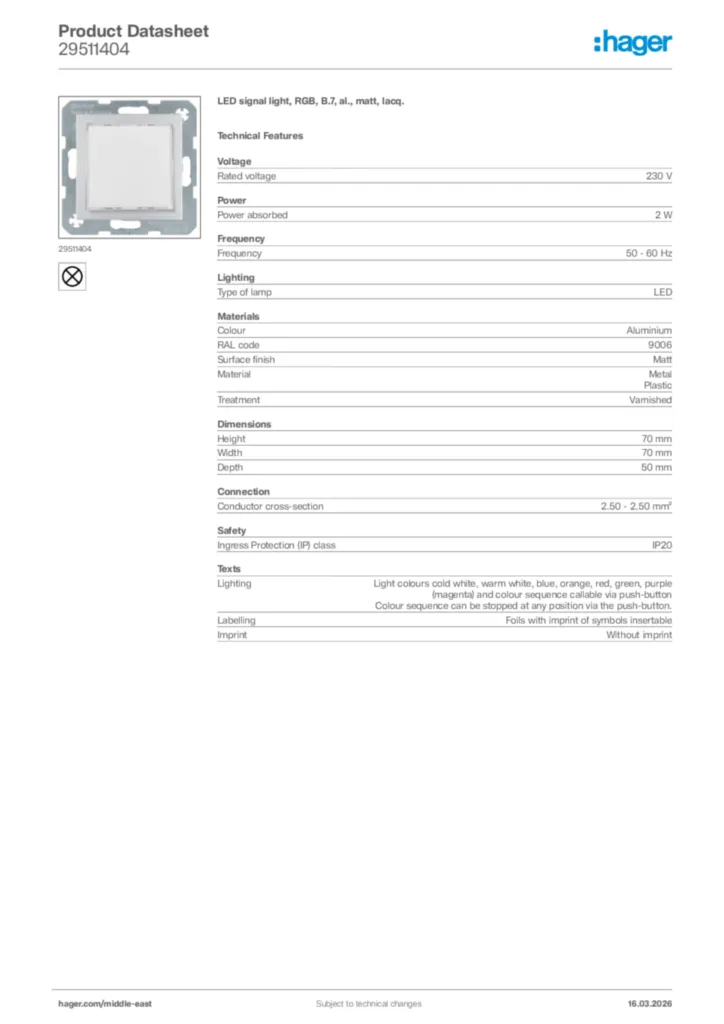 Image Hager Product data sheet 29511404  | Hager
