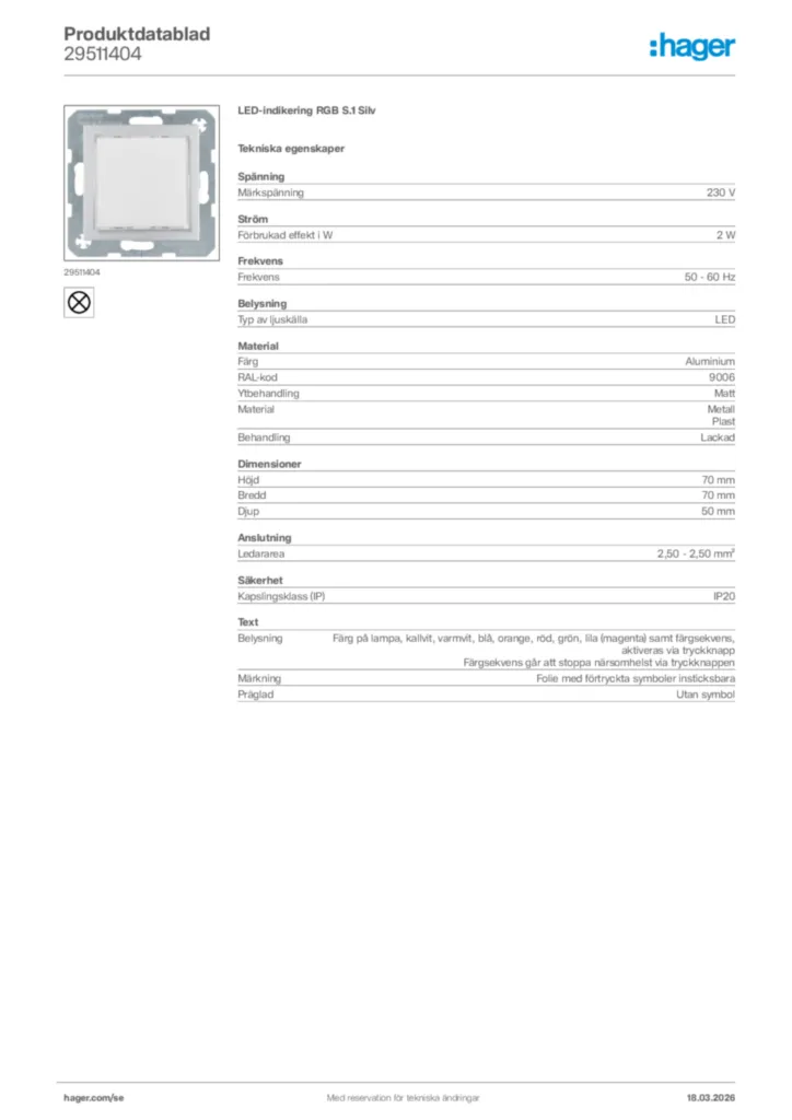 Bild Hager Produktdatablad 29511404 | Hager Sverige