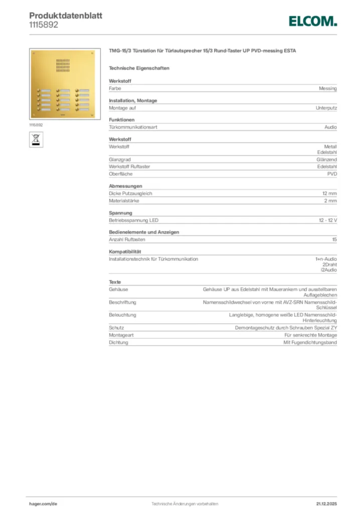 Bild Elcom Produktdatenblatt 1115892 | Hager Deutschland