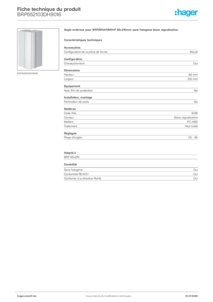 Image Hager Fiche technique du produit BRP652103DH9016 | Hager Belgique