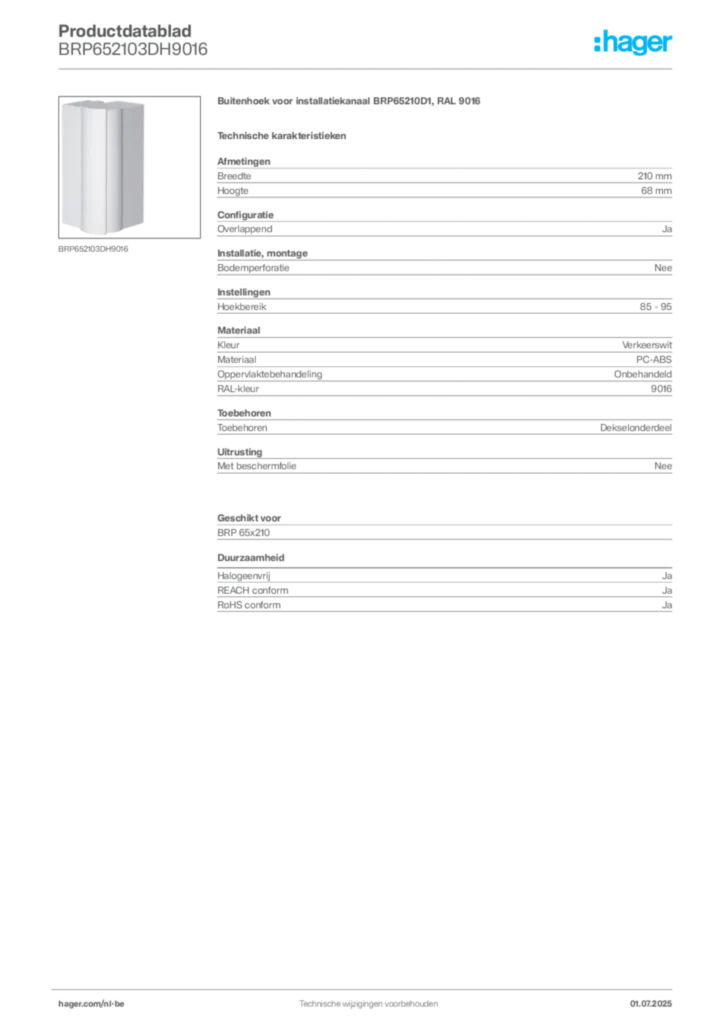 Afbeelding Hager Productdatablad BRP652103DH9016 | Hager Belgium