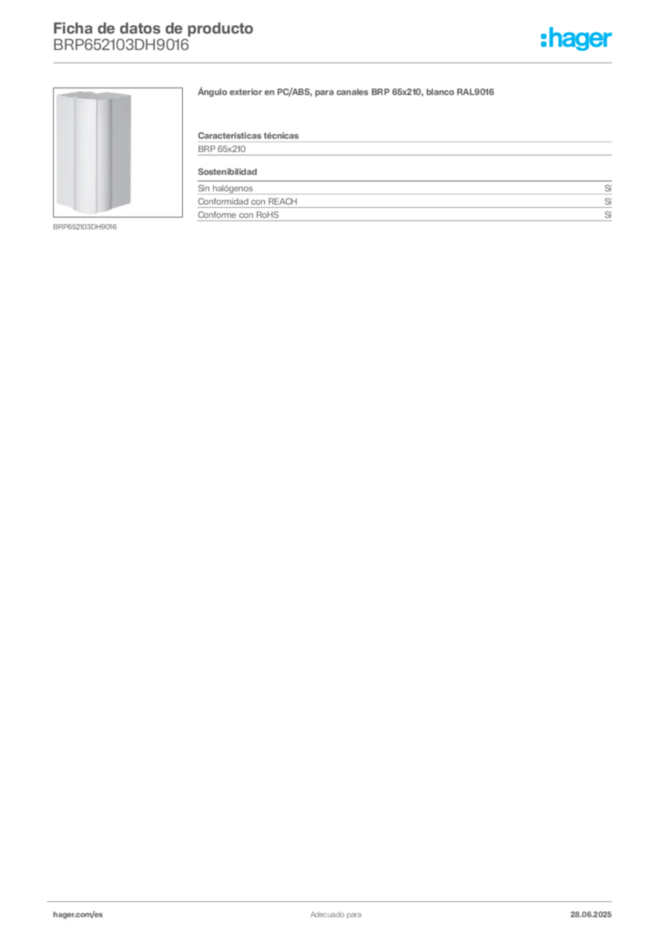 Imagen Hager Ficha de datos de producto BRP652103DH9016 | Hager España