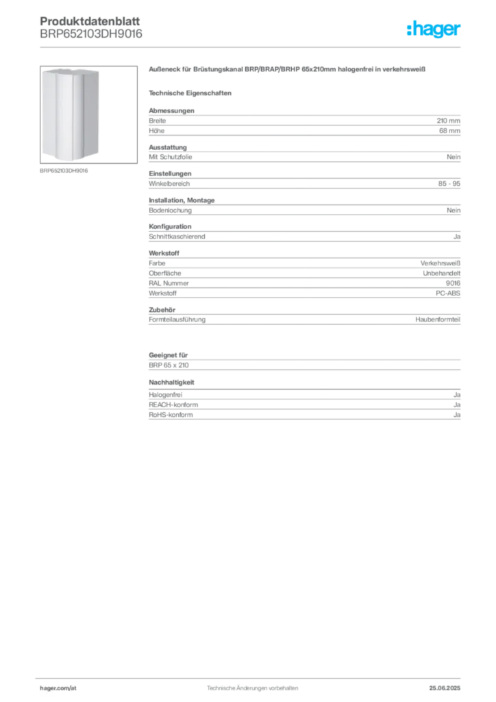 Bild Hager Produktdatenblatt BRP652103DH9016 | Hager Deutschland