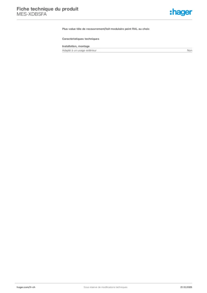 Image Hager Fiche technique du produit MES-XDBSFA | Hager Suisse