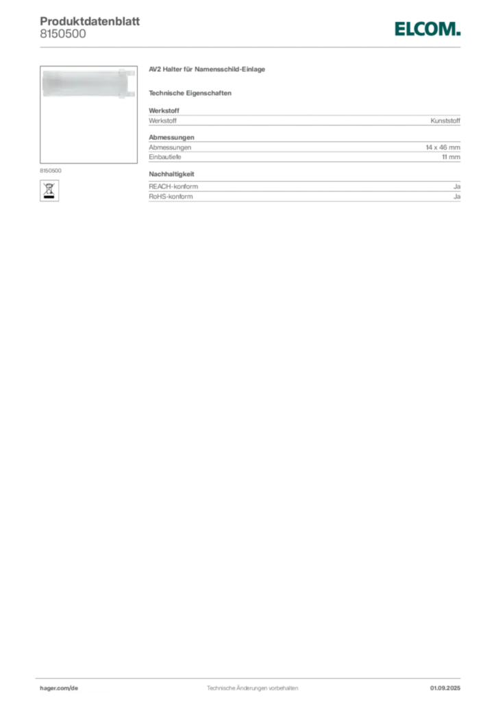 Bild Elcom Produktdatenblatt 8150500 | Hager Deutschland