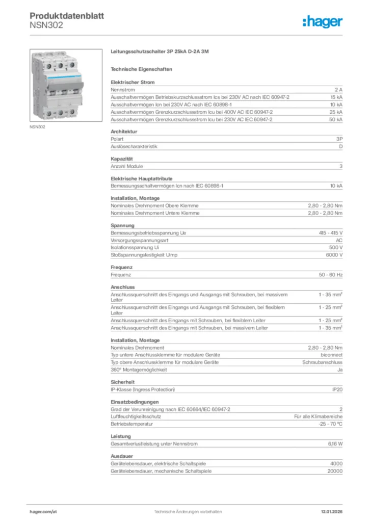 Bild Hager Produktdatenblatt NSN302 | Hager Deutschland