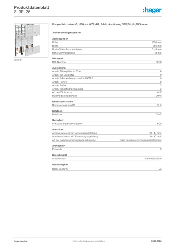 Bild Hager Produktdatenblatt ZL3EL26 | Hager Deutschland