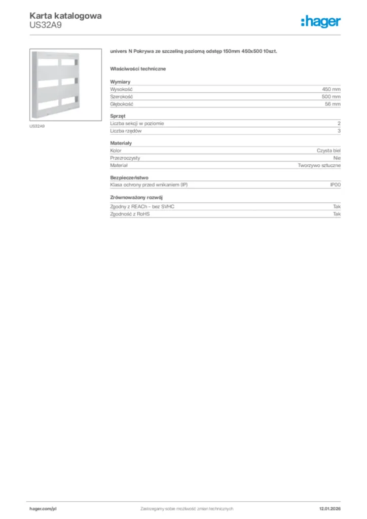 Zdjęcie Hager Karta katalogowa US32A9 | Hager Polska